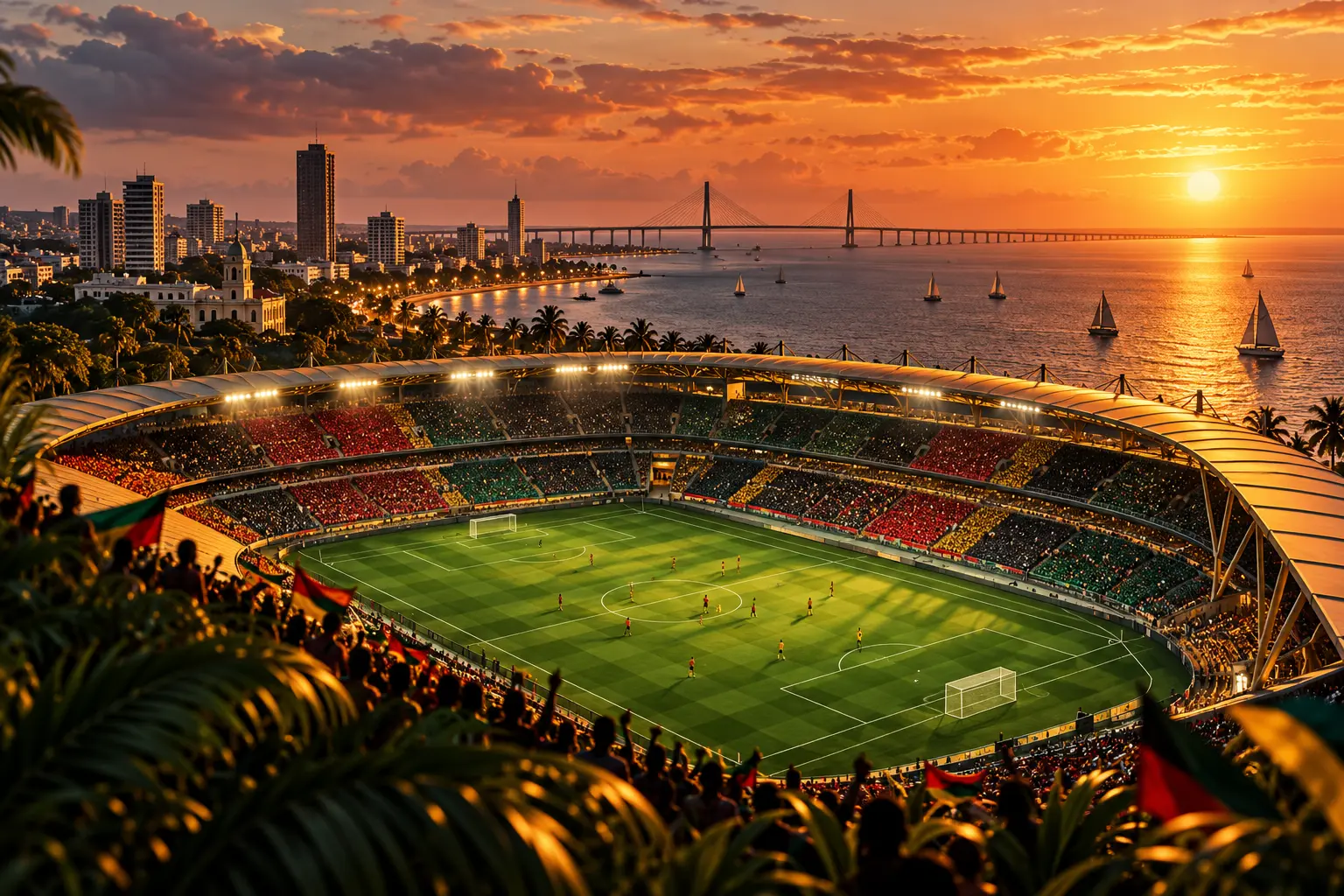 Ilustração editorial de um estádio costeiro ao pôr do sol em Maputo